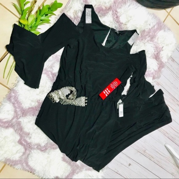 Black jumpsuit embellished cold shoulder, size L - Picture 5 of 10